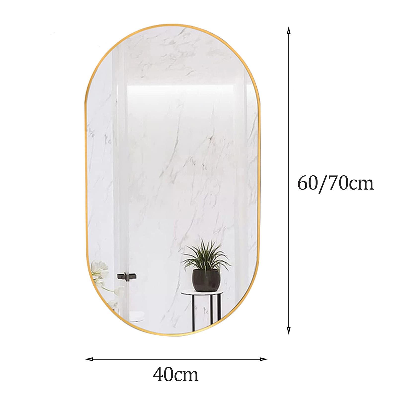 Specchio Ovale 40 x 60/70 cm, specchi a Parete Muro Orizzontale o Verticale per Il Bagno, Camera da Letto, Soggiorno Metallic,40x70cm