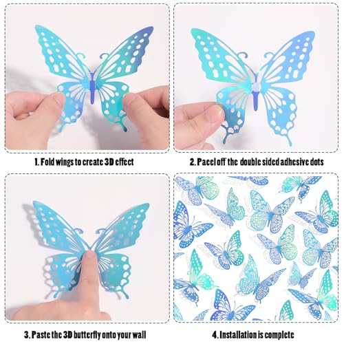 Image of SAOROPEB 3D Butterfly Wall Decor 48 Pcs Laser Blue Butterfly Decorations | 4 Styles 3 Sizes, Butterfly Birthday Decorations Butterfly Party Decorations Cake Decorations, Removable Stickers