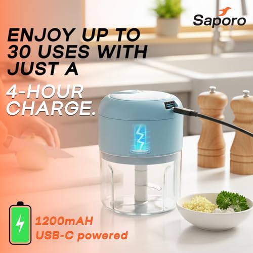 Image of Saporo Strike Mini Rechargeable Vegetable Chopper for Kitchen - One Touch Operation - 3 Stainless Steel Blades for Chopping Onion, Mincing Garlic, Nuts, Meats - 250 ml Capacity, Blue