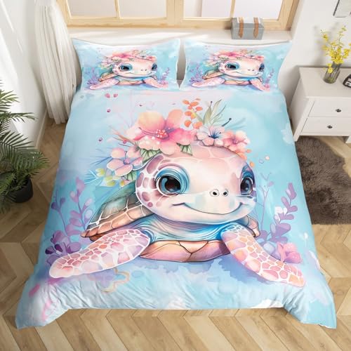Homewish Housse de Couette Tortue de Mer 240 x 260 pour Enfant - Parure de Lit Thème Océanique sous-Marin - Set de Housses Aquarelle pour Fille Garçon -...