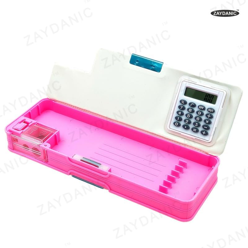 Image of Pencil Box Integrated Sharpener and Calculator, Magnetic Lock, Dual Compartments, Cartoon Stationery Case School Kit for Girls, Kids, Students Combo Set of 5in1 (Unicorn)