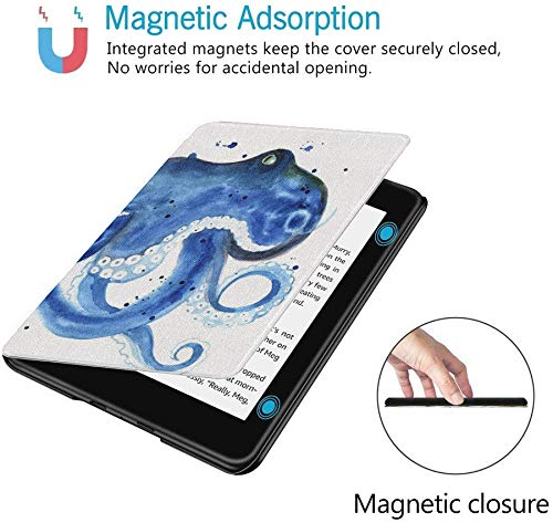 QIYI Cover Fits All-New Kindle Paperwhite Water-Safe Fabric 10th Gen 2018 Leather Cases Kids Accessories Ereader Protective Sleeves Shock Absorption - Blue Octupus Painting