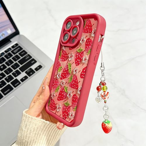 Coque silicone iPhone 16 Pro avec cordon chaîne fleur et pendentif fraise protecteur