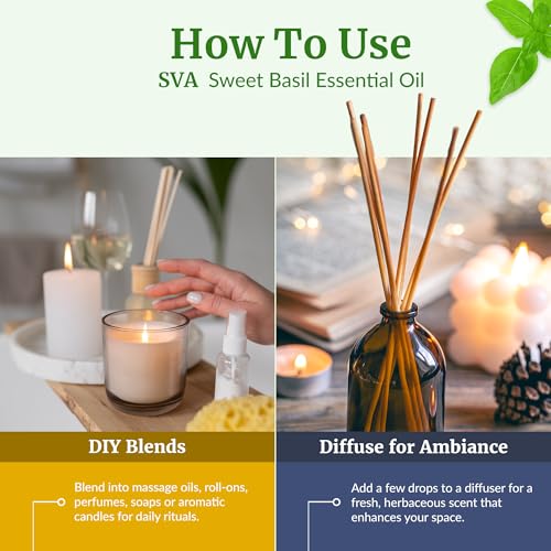 Image of SVA Sweet Basil Essential Oil, Glass Bottle with Dropper, 4 Fl Oz (118 ml) | Sweet Basil Essential Oil for Diffuser, Hair Care, Skin Care, Massage, Soap Making, Perfume Making, Fragrance & DIY Blending