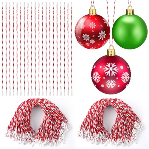 Jansun 500Pcs Christmas Ornament Hooks & Hangers with Snap, Red & White Twine String for Crafts & Tree Decorations