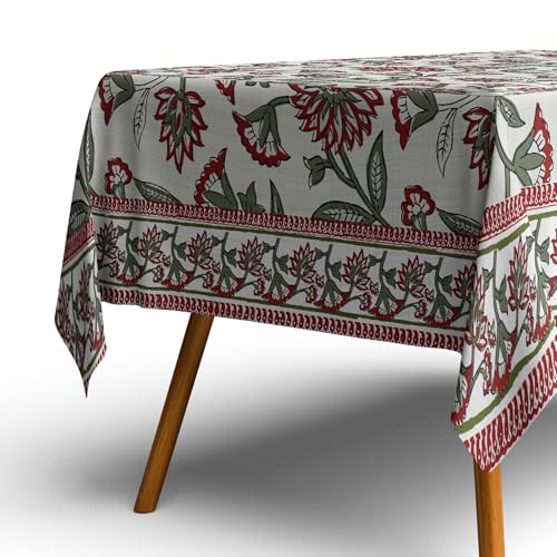 LOTUS MILLS 100% Organic Cotton Red Table Cloth, Indian Block Print Table Linen for Dining, Parties, Wedding, Outdoors Home Decor | 60x60 INCH Square | 4 Seater - Crimson Red and Sage Floral Vatika