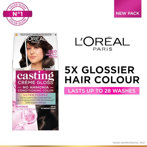 Image of L'Oreal Paris Casting Creme Gloss Hair Color With Glycolic Gloss Complex | Ultra Visible Shade 580 - Hazelnut Brown | 60ml + 40ml + 60g
