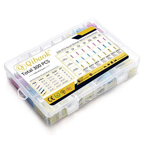 300 PCS Heat Shrink Wire Connectors Qibaok Insulated Electrical Terminals Kit Waterproof Marine Crimp Connector Assortment Ring Fork Spade Butt Splices