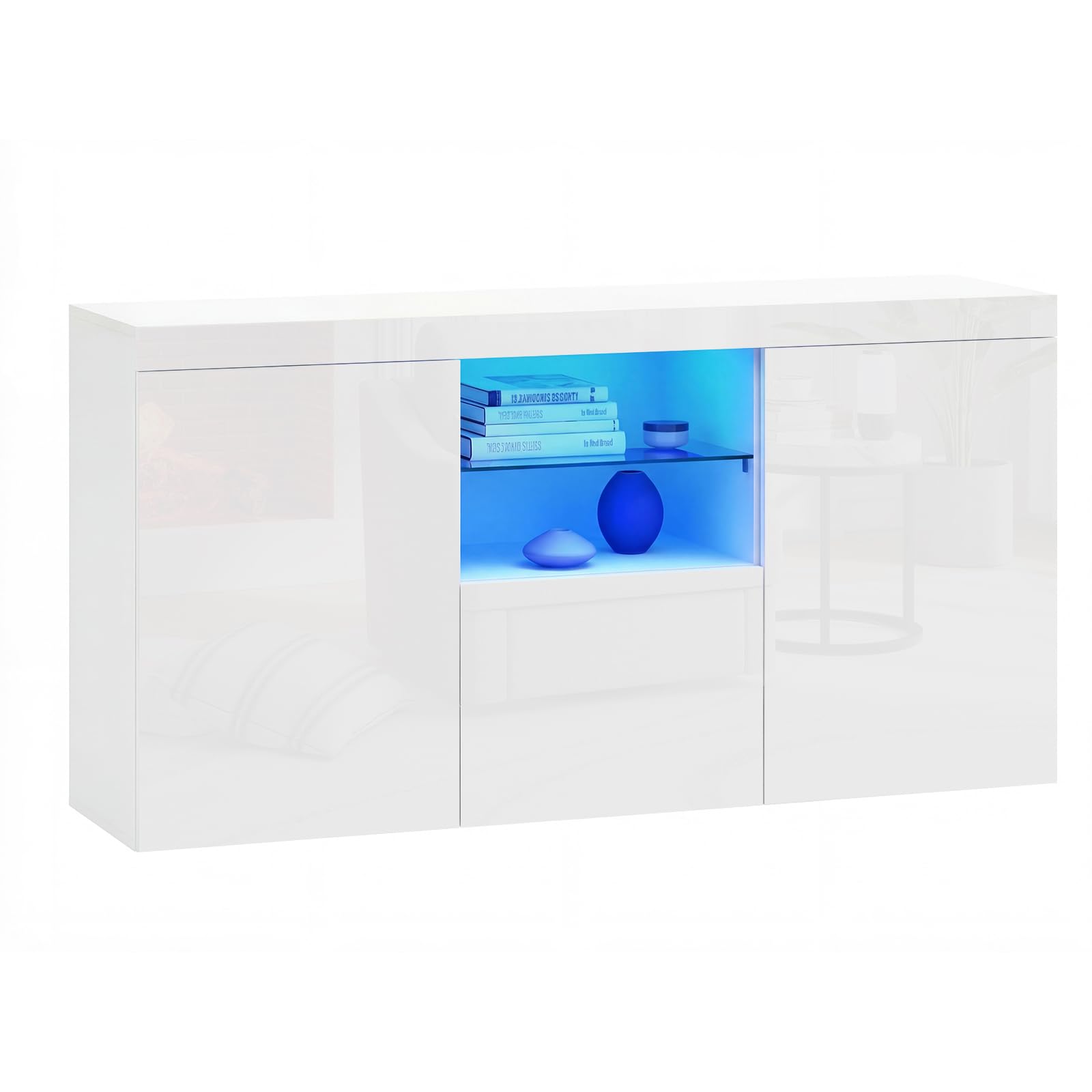 Panana High Gloss 3 Door Sideboard Cupboard with LED Lights Display Cabinet Storage Unit for Living Dining Room Bedroom Furniture (White)