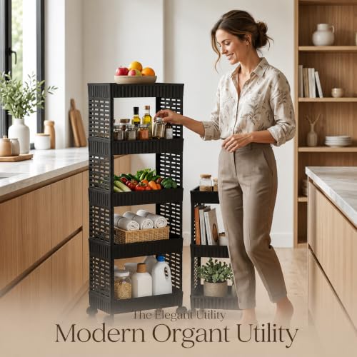 Image of Plastic Storage Trolley Rack with Wheels, 5-Layer Rolling Utility Cart, Space-Saving Home Organizer Rack, Kitchen, Bathroom, Office Storage| Black (1 Pcs, 5-Layer)