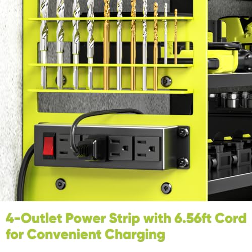 Image of POKIPO Upgrade Power Tool Organizer Wall Mount with Charging Station,4 Layer Heavy Duty Metal Storage Rack Loads 600lbs with 8 Cordless Drill Holder,4 Outlet Power Strip Battery Utility Rack for Man