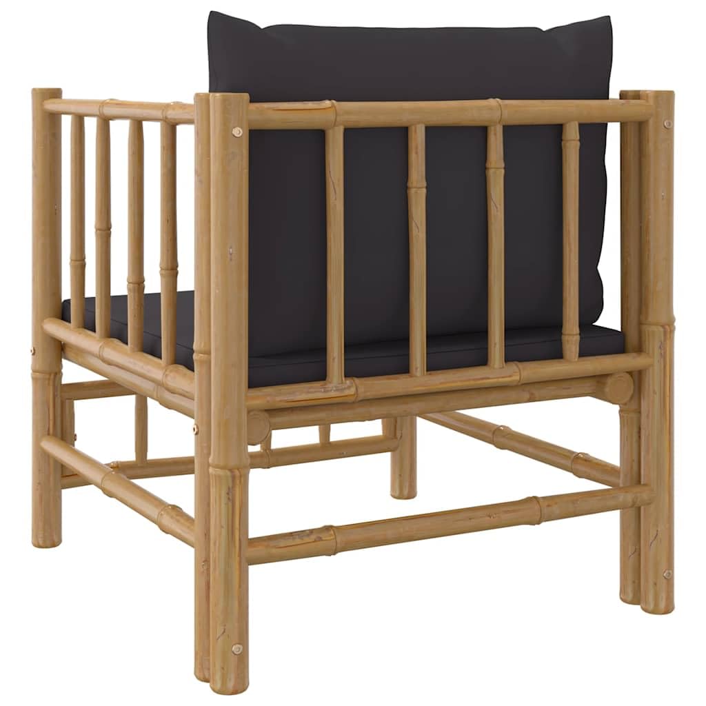 Bambusowy fotel ogrodowy z ciemnoszarymi poduszkami, 63 x 69 x 65 cm, modułowy leżak ogrodowy z wygodnymi poduszkami do siedzenia, meble ogrodowe na taras, balkon i zestaw wypoczynkowy