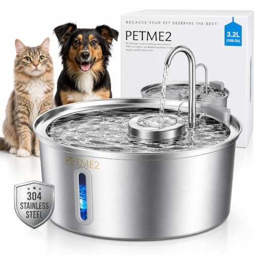 Luxury Smart Pet Fountain 2026 – 3.2L/108oz Stainless Steel Automatic Cat & Dog Water Fountain, Indoor Pet Water Dispenser with LED Light, Quiet Pump, Dual Flow Modes, 4-Layer Filter, Dishwasher Safe