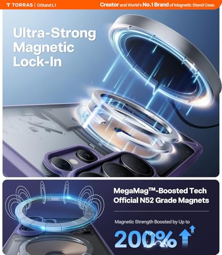 Image of TORRAS Ostand L1 Guardian Original Imported S26 Ultra Case, Built-in Magnetic Stand, MagSafe Compatible, Mil-Grade Drop Tested, Translucent Galaxy S26 Ultra Back Cover, Purple Edge