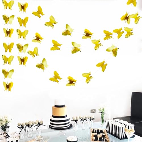Image of BEISHIDA 5 Pieces Gold 3D Butterfly Paper Garland Hanging Decorative Banner for Home Ceiling Decor Birthday Party Baby Shower Wedding Theme Showcase Decoration Supplies Total 393 Inch Length