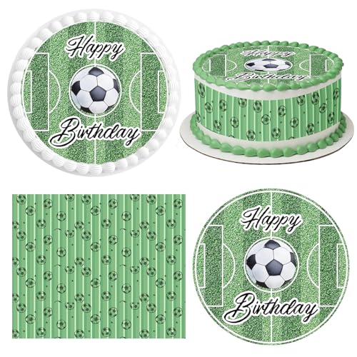Decoracion Tarta Futbol,1 Oblea Comestible Fútbol Ø 20 cm,4 piezas Cinta para tartas comestible 24cm x 5cm,Decoración Tartas de Cumpleaños Infantiles,Cumpleaños Infantiles Oblea (Verde-ZQ-B)