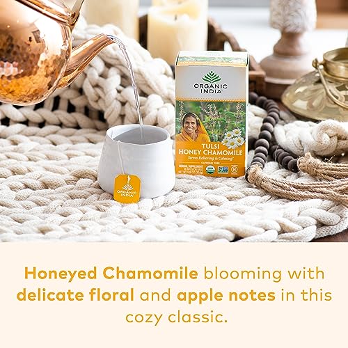 Image of Organic India Tulsi Honey Chamomile Herbal Tea - Holy Basil, Stress Relieving & Calming, Immune Support, Adaptogen, Vegan, USDA Certified Organic, Caffeine-Free - 18 Infusion Bags, 1 Pack