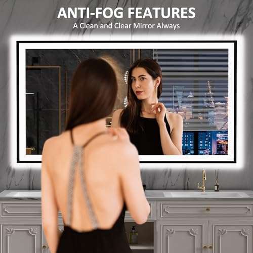 LOAAO 77"X36" LED Bathroom Mirror Black Framed, Anti-Fog, Dimmable, Lighted Bathroom Vanity Mirror for Wall, Memory Function, Tempered Glass