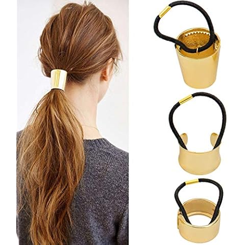 AUEAR, Brushed Metal Expandable Hair Cuff Ponytail Holder Elastic Tie for Women Girls Thick Rings Set (3 Pcs, Style 3) Cover