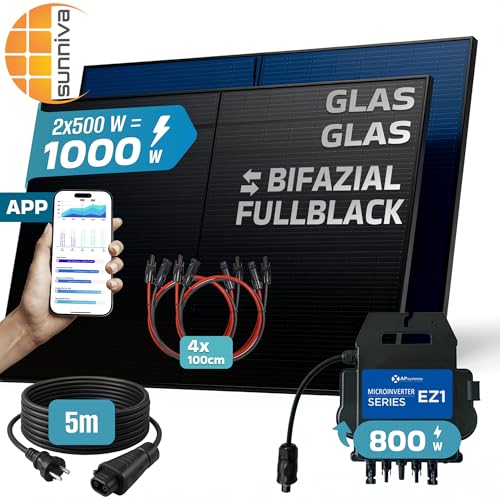 SUNNIVA® 1000W Balkonkraftwerk BIFAZIAL FULLBLACK komplett Steckdose AP Systems EZ1-M 800 Watt Wechselrichter, Solaranlage Komplettset, 2x500W Glas-Glas Bifacial Solarmodule, 5m Kabel, 4x1m Solarkabel – Bild 3