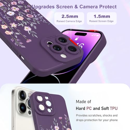 Image of Designed for iPhone 14 Pro Max Case Flower for Women, Dark Purple | Cute Floral Pattern Liquid Silicone Phone Case [Full Camera Protection] Slim Soft TPU Protective Cover
