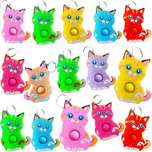 HOZKEAP 24 pcs Cat Pop Fidget Keychain, Silicone Toys Kids Party Favors