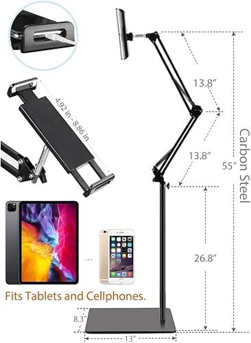 Miniatura 6 de Soporte de suelo para tablet con base de doble peso, soporte para teléfono en altura ajustable, soporte elástico, compatible con iPad Mini Air Pro,