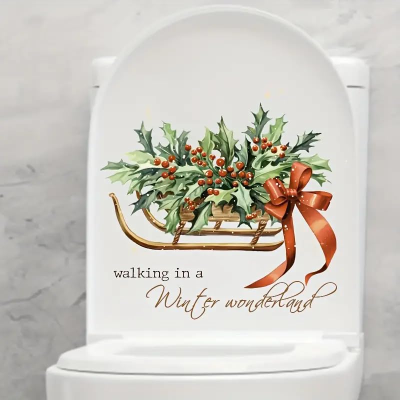 Christmas Sleigh Toilet Cover Sticker Decals,Fish Bird Flower Leaf Waterproof Toilet Lid Tank Seat Decals Cistern Self-Adhesive Bathroom Wall Sticker