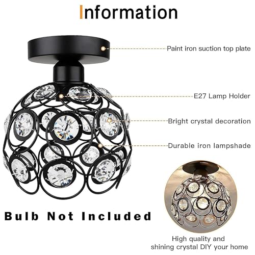 Image of Modern Crystal Flush Mount Ceiling Light | Gold Finish Decorative Ceiling Lamp for Hallway, Bedroom, Living Room, Balcony & Foyer | Warm Light Home Decor Fixture (Black Dual Ring)
