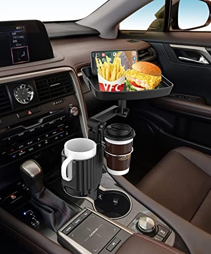 MEEWOO Car Cup Holder Expander with Detachable Tray, 3 in 1 Car Drink Holder 360°Rotating Dual Insert with Telescopic Table, Compatible with 18-40 oz Cup/Bottles, Fit in 2.4''-3.7'' Car Cup Holder