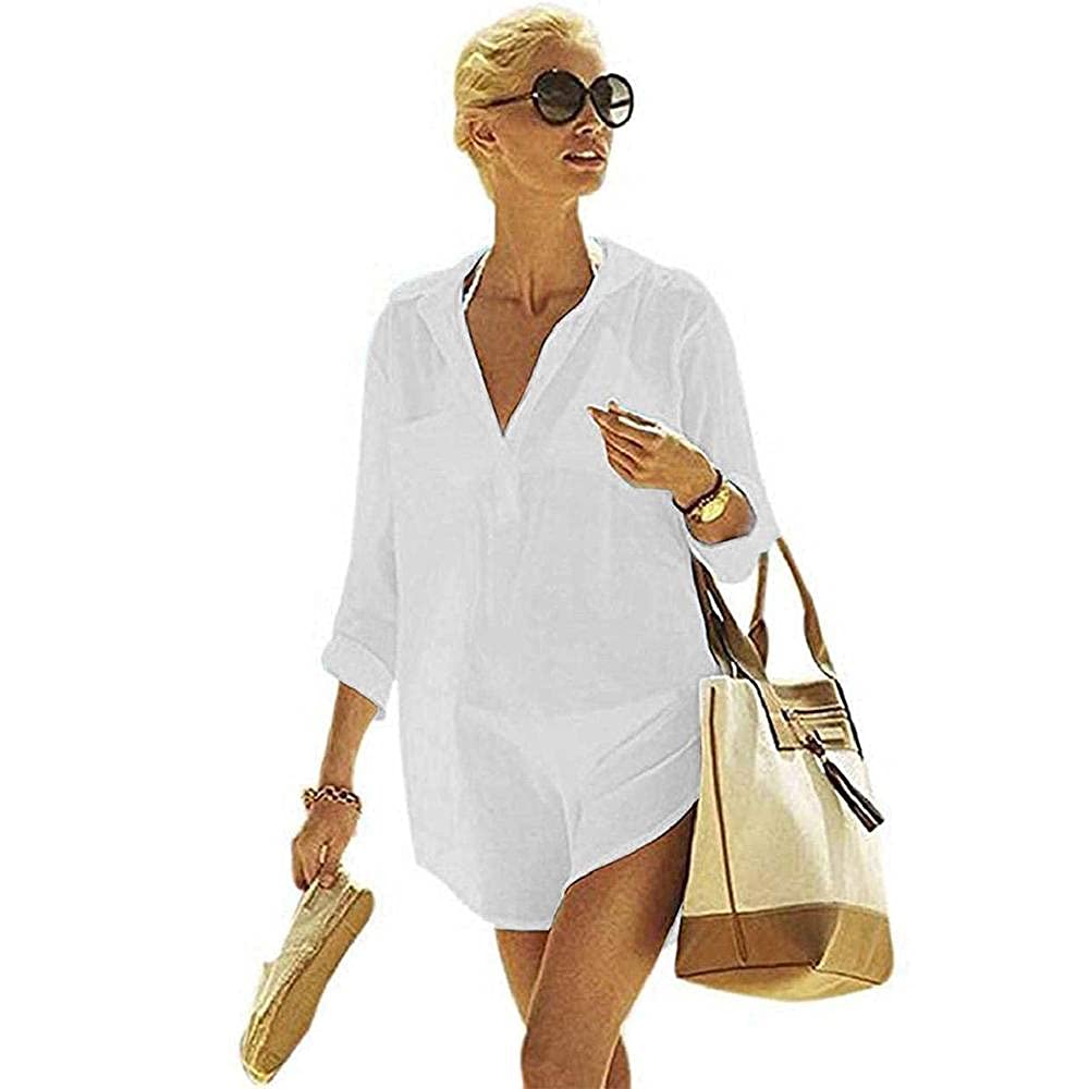 TBSCWYF Vestido de Playa Mujer Pareos y Camisola de Playa Punto Bikini Cover up Casual Camisetas Mujer Manga Larga Cuello en V Blusas para Mujer Tops Mujer Bikini Camisolas y Pareos