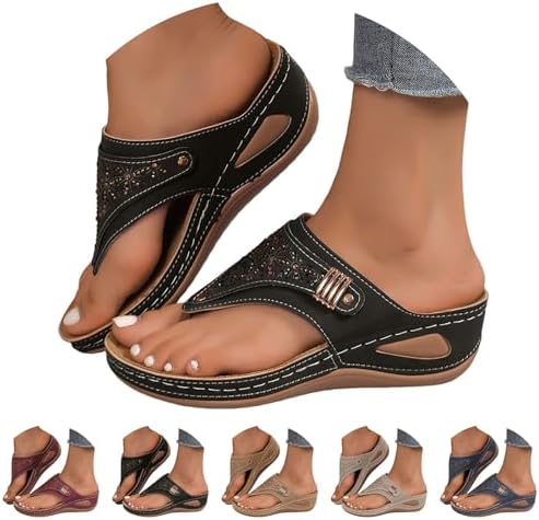 Orthopedic Sandals for Women 2026 Dressy Casual Ladies Spring Summer Cute Boho Comfy Arch Support Flats Flip Flops Seniors Comfortable Beach Vacation Outdoor Platform Wedge Sandals Shoes Black 8