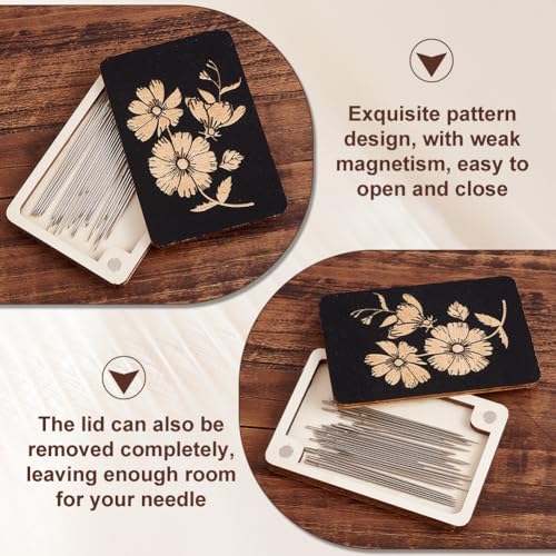 Image of AHANDMAKER 2 pcs Wooden Needle Box Sewing Needle Storage Box Sewing Pins Organizer with Flower Print for Quilters, Sewers, Tailors, Black,3.15x1.97x0.14 Inch