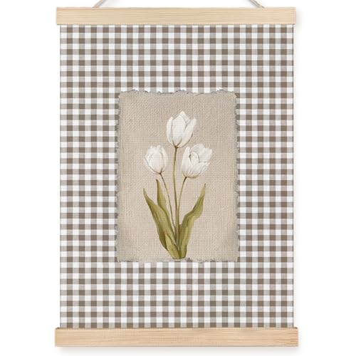 Image of PQKIY Vintage Farmhouse White Tulip Wall Art Poster Hanger Frame 12x16 in, Cottagecore Botanical Flower Brown Gingham Wall Decor Canvas Prints for Home Bedroom Living Room