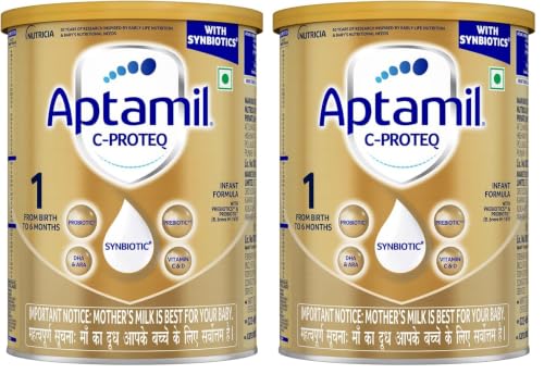 Image of Aptamil C-ProteQ, Infant Formula for babies (From Birth to 6 months)- With Synbiotics, (Prebiotics, & Probiotics), DHA, Vitamin C & D, 400 g Tin (Pack of 2)