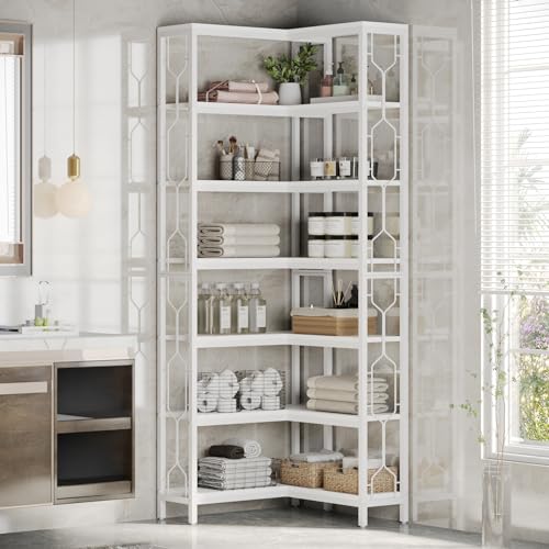 Image of Tribesigns Corner Shelf, 7-Tier Industrial Corner Bookshelf, Wood and Metal Corner Etagere Bookcase, Freestanding Display Shelf for Living Room, Kitchen, Home Office, White
