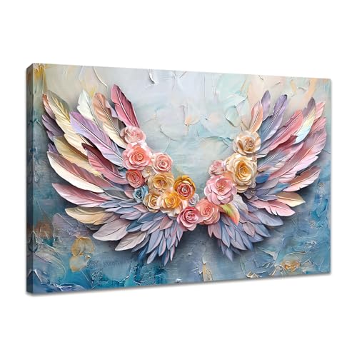 WENGTIAO Stampa su Tela 3D Rose Ali d'angelo Con Cornice Quadro su Tela Pittura con Ali e Fiori Colorati Quadri Moderni Soggiorno Camera da Letto Decorativo Parete 90x60 cm