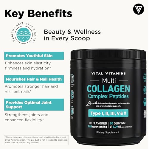 Vital Vitamins Multi Collagen Peptides Powder - Unflavored, Easy to Dissolve - Type I, II, III, V, X - for Women & Men - Promotes Hair, Skin, Nails, & Joint Health - 30 Servings