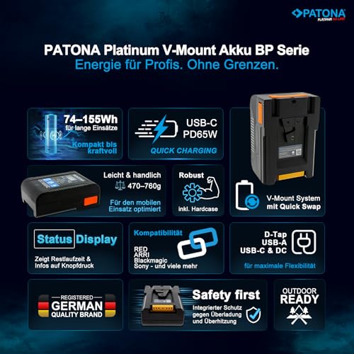 PATONA Platinum 155Wh V-Mount Akku 10500mAh PD65W USB-C, D-Tap, USB-A & DC – Ansicht 6