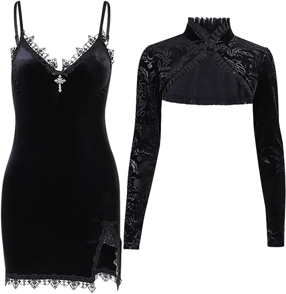 TSMNZMU Womens Gothic 2 Piece Dress - Vintage Velvet Emo Lolita Punk Grunge Alt Harajuku Dress