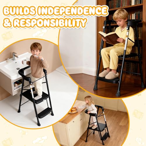 Image of HBTower Kids 2 Steps Step Stool,Toddler Tower for Kitchen Counter Learning,Toddler Kitchen Stool Helper with Anti-Drop Safty Railing Kids Standing Folding Stepper(Black)