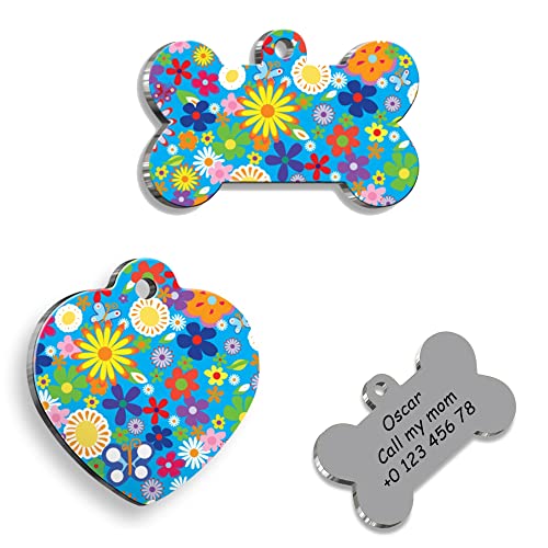 Flowers Personalized Dog Tag - Custom Name Tag - ID Tag for Dog & Cat - Customized Pet Tags - Dog & Cat Name id Tag - Dog Name Tag - Engraved Dog Tag (Bone)