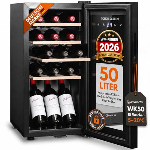 Sommertal Weinkühlschrank mit Glastür WK50 – 15 Flaschen, 5–20C° einstellbar, abschließbar, LED-Beleuchtung, Glastür, Touchscreen, 4 Holz-Einlegeböden, leise & energiesparend, UV-Schutz Verglasung