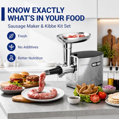 Image of CHEFFANO Electric Meat Grinder, [2800W Max] ETL Approved Heavy Duty Sausage Stuffer with 2 Blades, 3 Plates, Sausage Tubes & Kubbe Kit for Home Kitchen Use