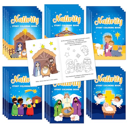 JAPBOR Christmas Nativity Coloring Books - 24PCS Mini Xmas Christian Story Color Book Bulk for Kids Party Favors, Religious Bible Small Colour Pages for School Classroom Church Drawing Painting Games