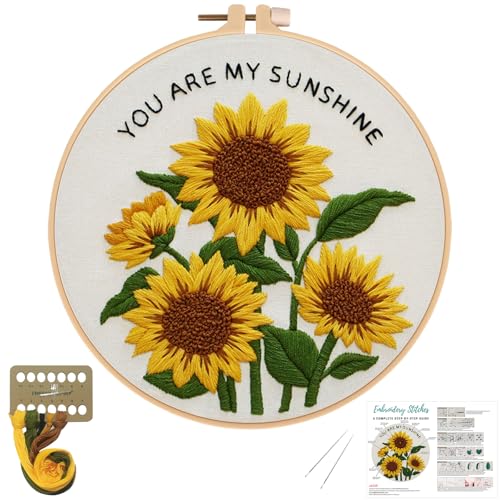 Image of Nuberlic Sunflower Embroidery Kit for Beginners -Adults Starter Cross Stitch Kit DIY Needlepoint with Hoop, Pre-Printed Fabric, Threads & Step-by-Step Guide