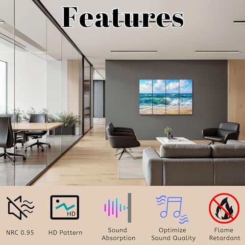 8 Pack Paneles Acústicos Artísticos Absorbentes de Sonido Olas del Océano en Playa Arenosa Bajo Cielo Azul con Nubes Paneles Decorativos Autoadhesivos para Estudios de Grabación Hogar 48"x32" miniatura 3