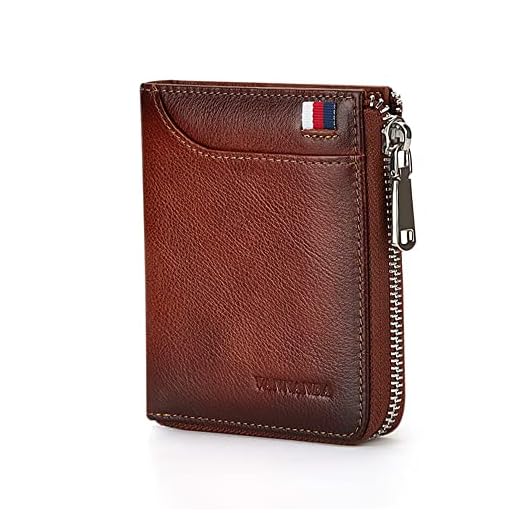 Carteira masculina de couro legítimo VANNANBA, com zíper fino, bolso frontal bloqueio de RFID, Marrom