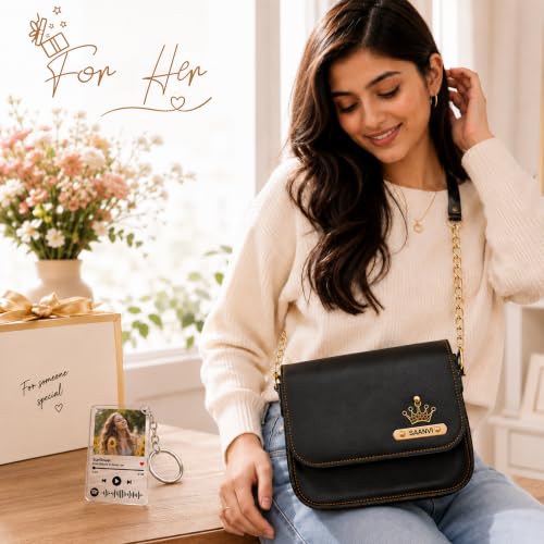Image of SAVRI Personalized Rakhi Gift for Sister | Customized Leather Sling Bag with Name & Charm and Spotify Photo Keychain with Favourite Song, Personalised Gift Combo for Sister, Behan, Didi- Bro Sis Gift