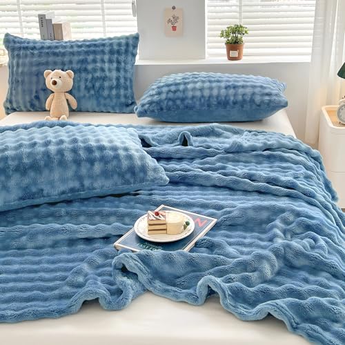 WONGS BEDDING Kuscheldecke Flauschig - Bubble Decke, Wolldecke & Fleecedecke, Sofadecke, agesdecke, Decken Weiche Warme für Zimmer Deko, Wohn- & Kuscheldecken, Tagesdecke, Blau, 150x200 cm